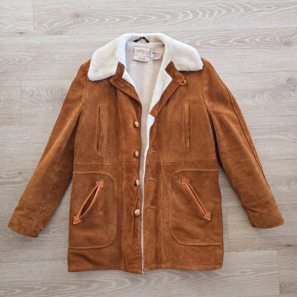 Schott NYC Rancher Western Barn Suede Leather Coat 40 Vintage Faux Fur Sherpa M